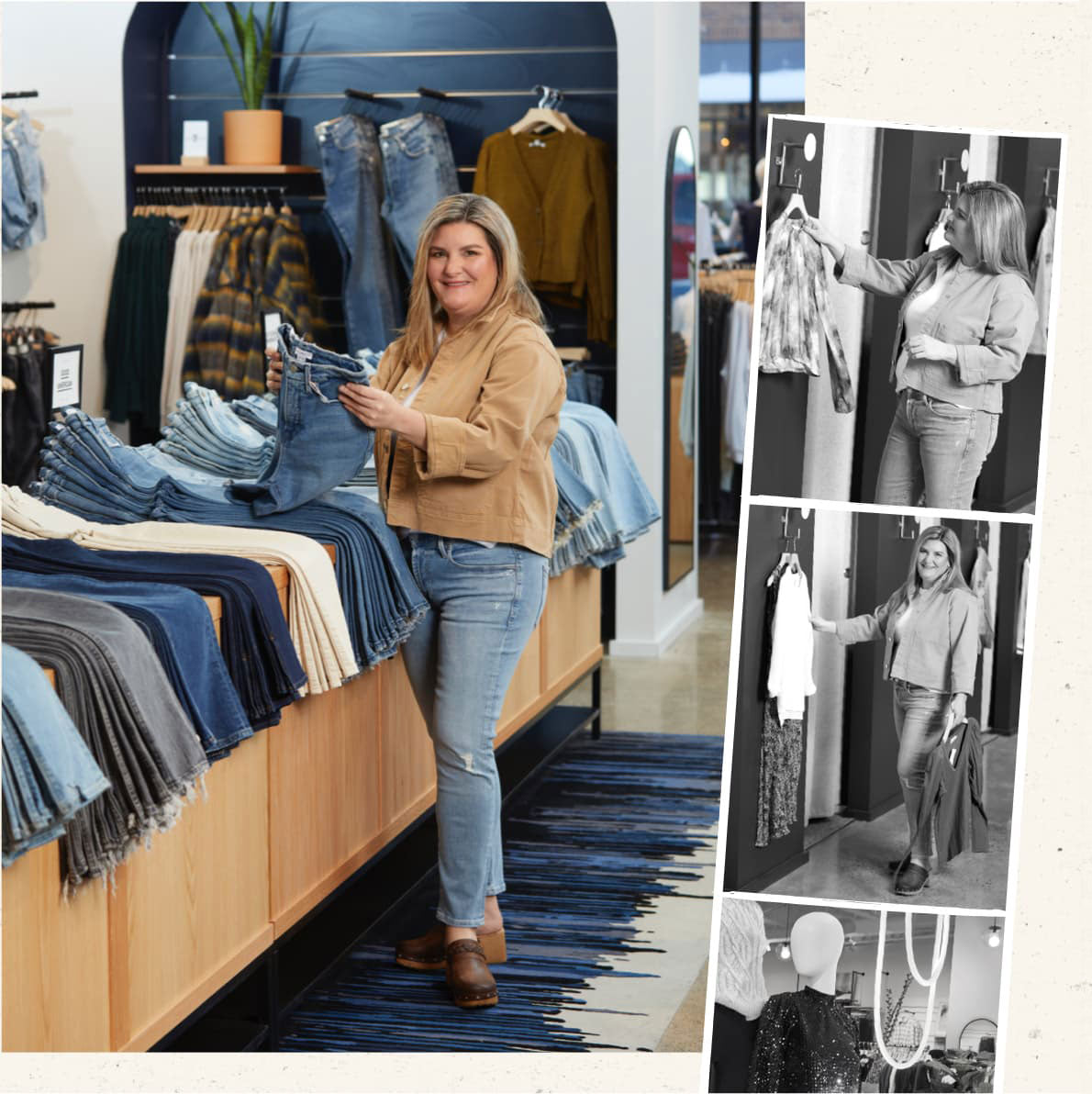 Images of an EVEREVE Stylist folding clothes and placing items in a dressing room in an EVEREVE store