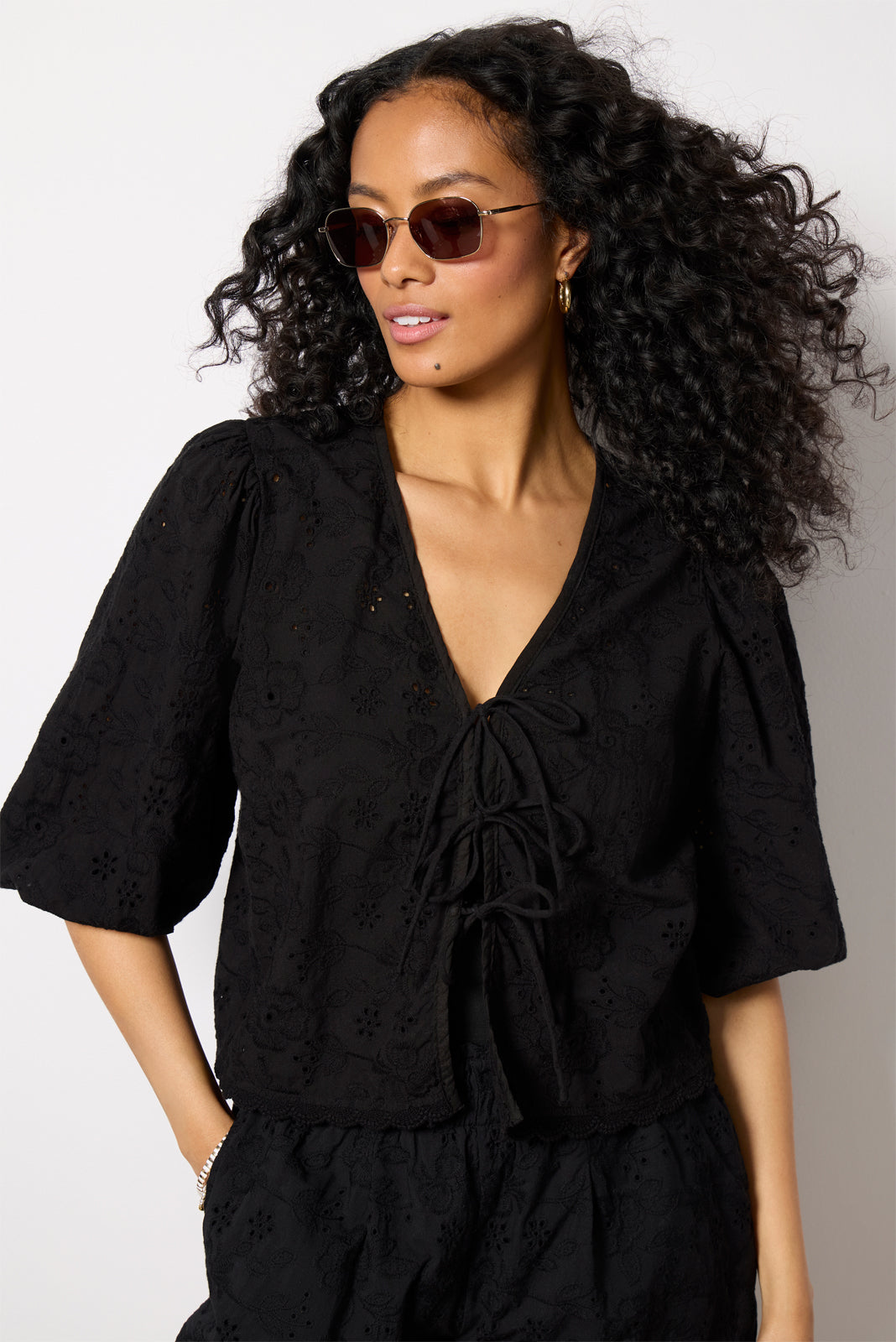 Tie Front Eyelet Top