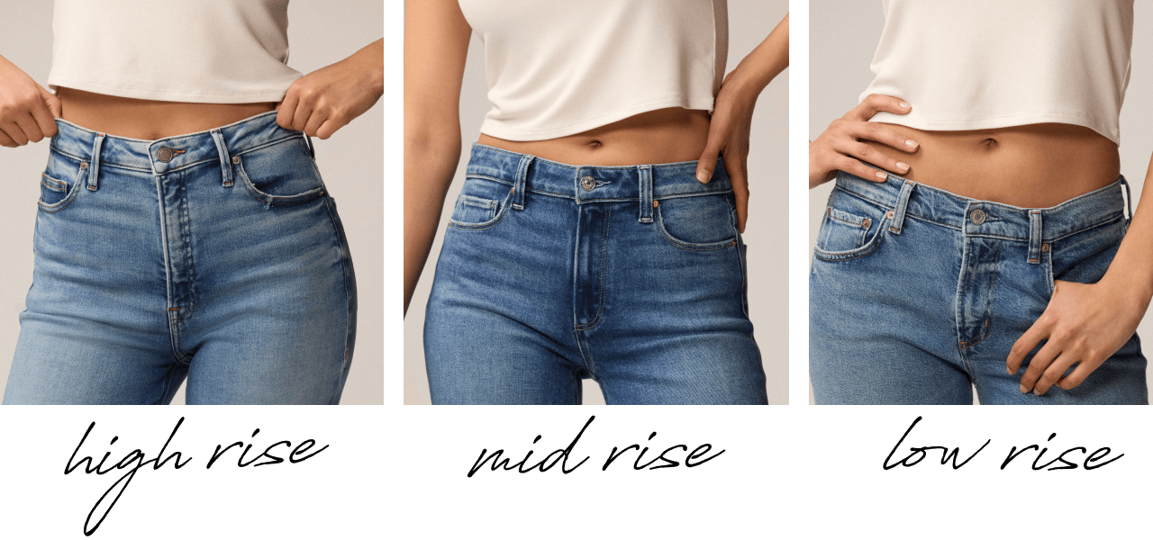 Image of woman wearing high rise, mid rise, and low rise jeans.