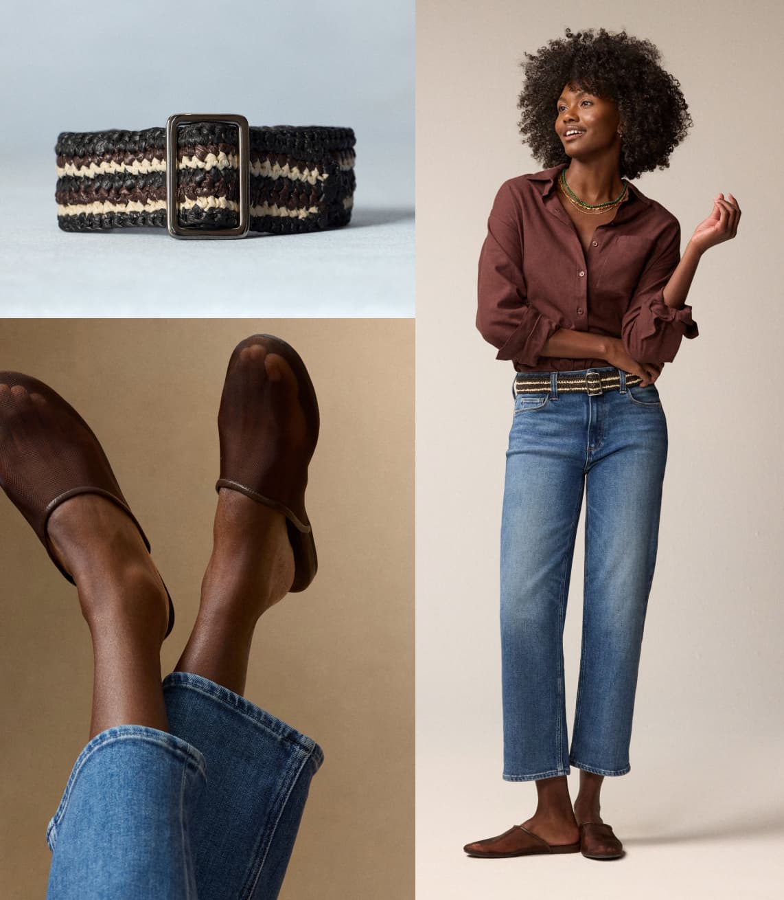 Image of woman wearing straight leg jeans next to images of a woven belt and mesh slides.