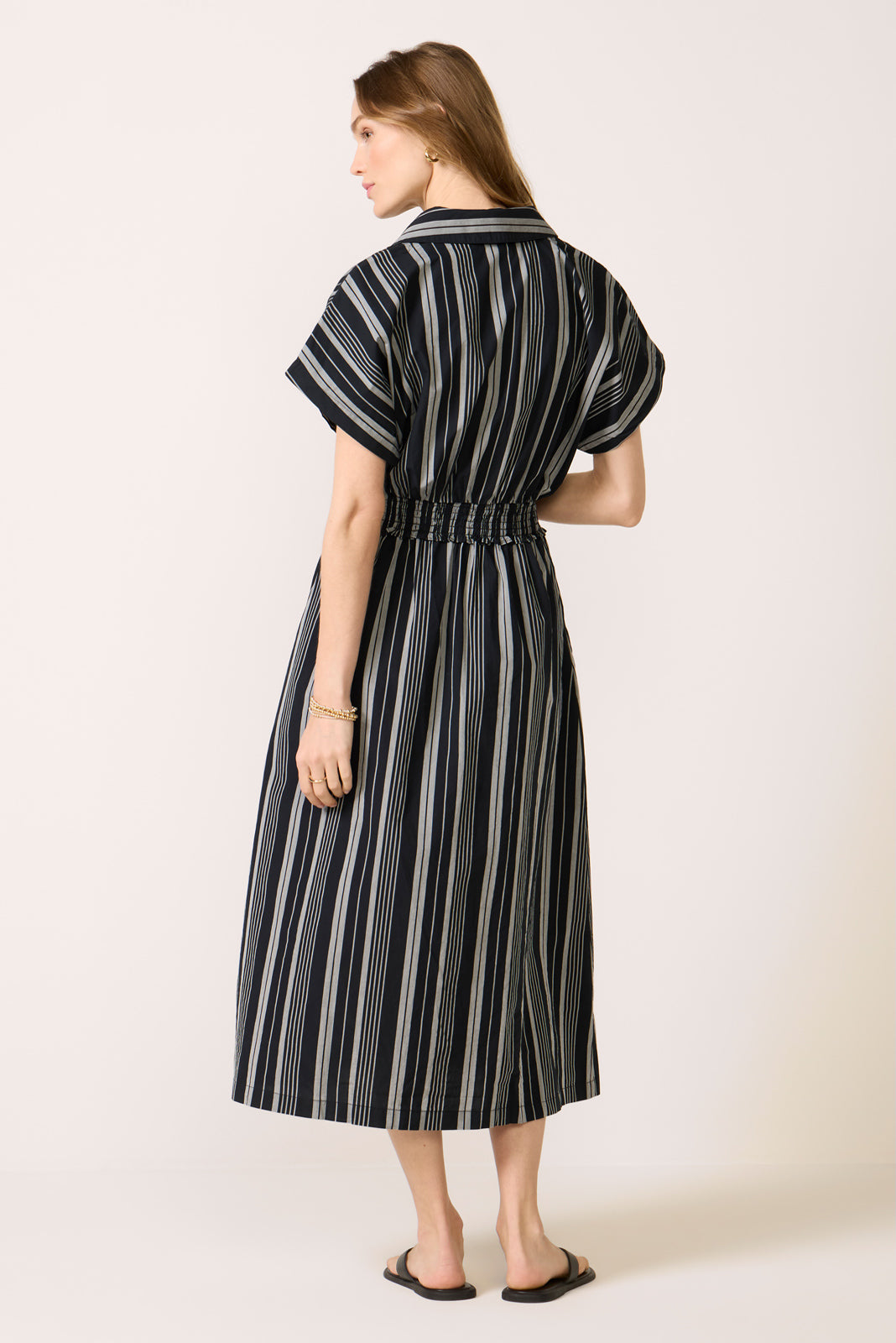 Sailor Smocked Waist Midi Shirt Dress