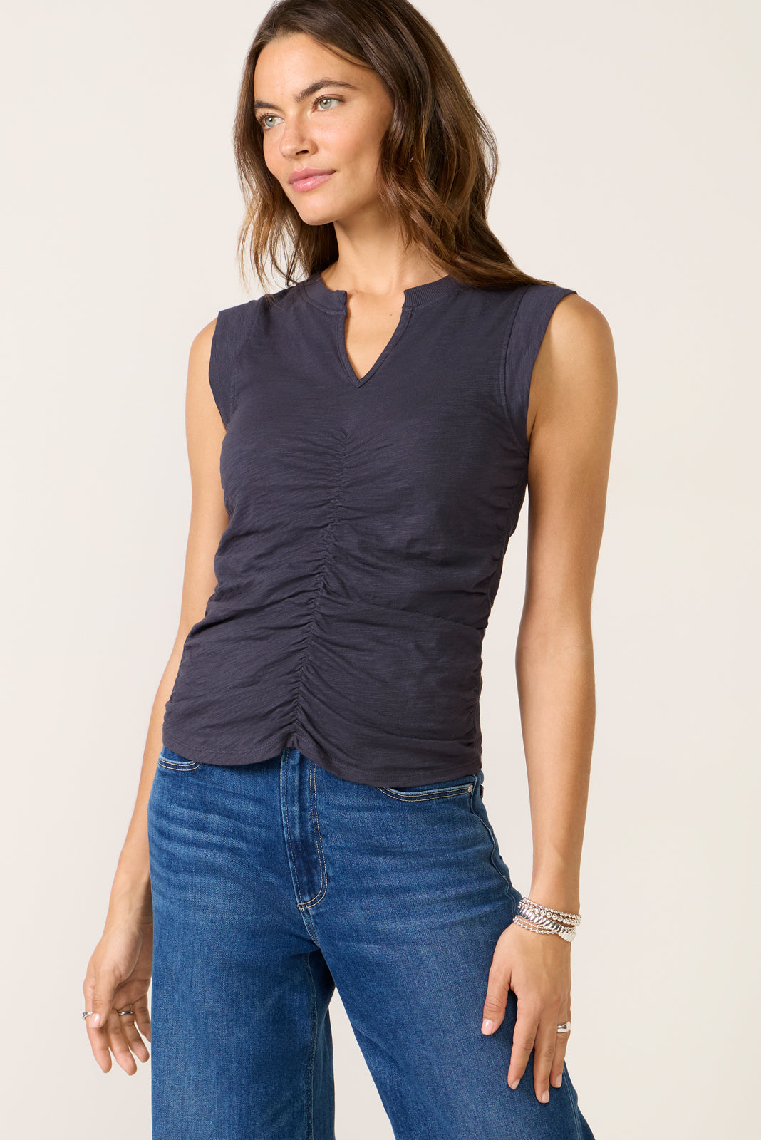 Ruched Split Neck Tank