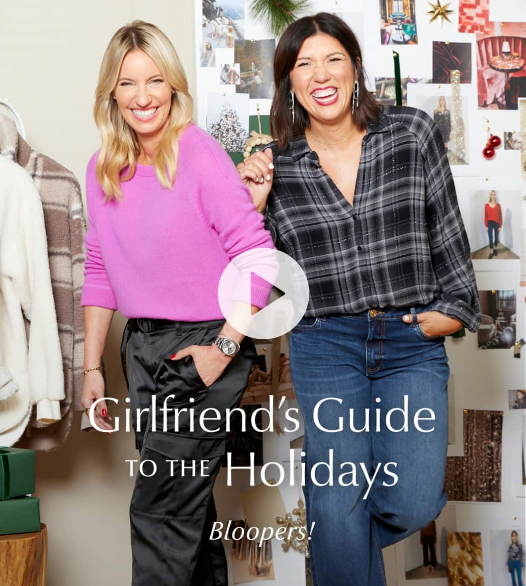 Image of EVEREVE experts Heidi and Ash posing while laughing with the caption "Girlfriend's Guide to the Holidays - Bloopers"