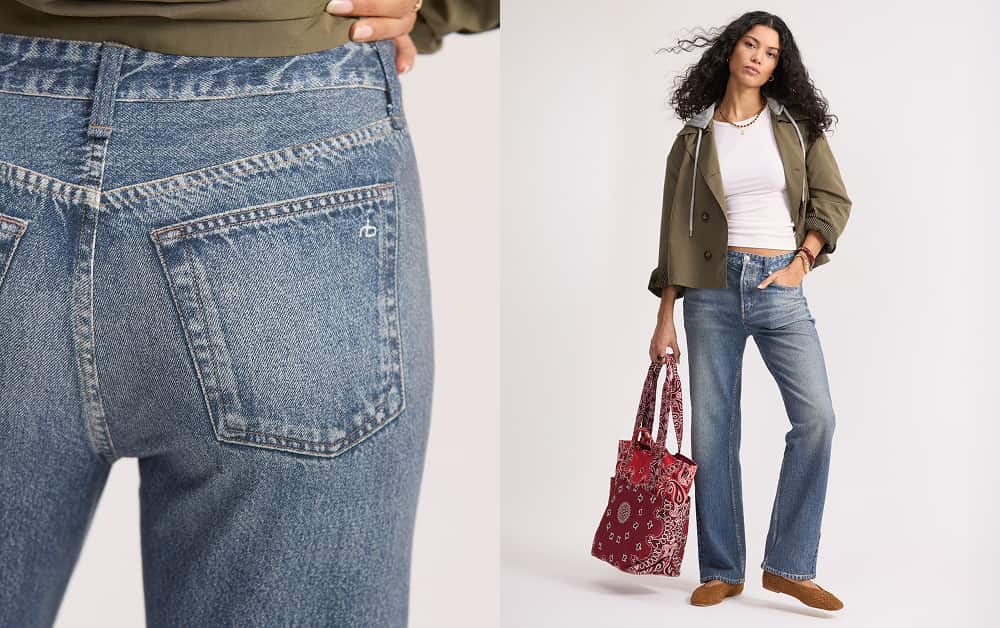 Woman wearing Miramar jeans with a white tank and olive green jacket