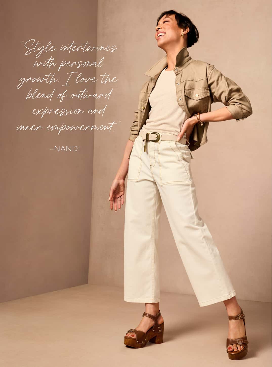 Image of Nandi wearing denim jacket and ivory pants