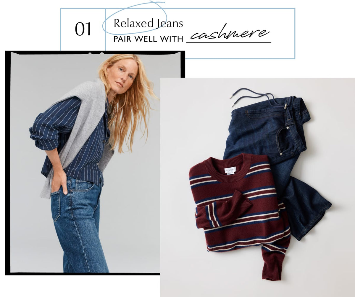 Woman wearing relaxed jeans paired with cashmere sweater