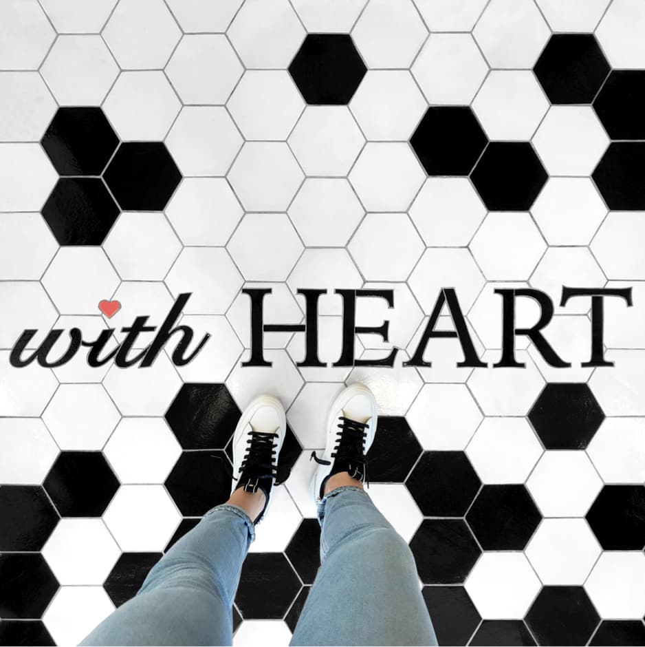 Image of hex tile floor with caption 'with HEART'