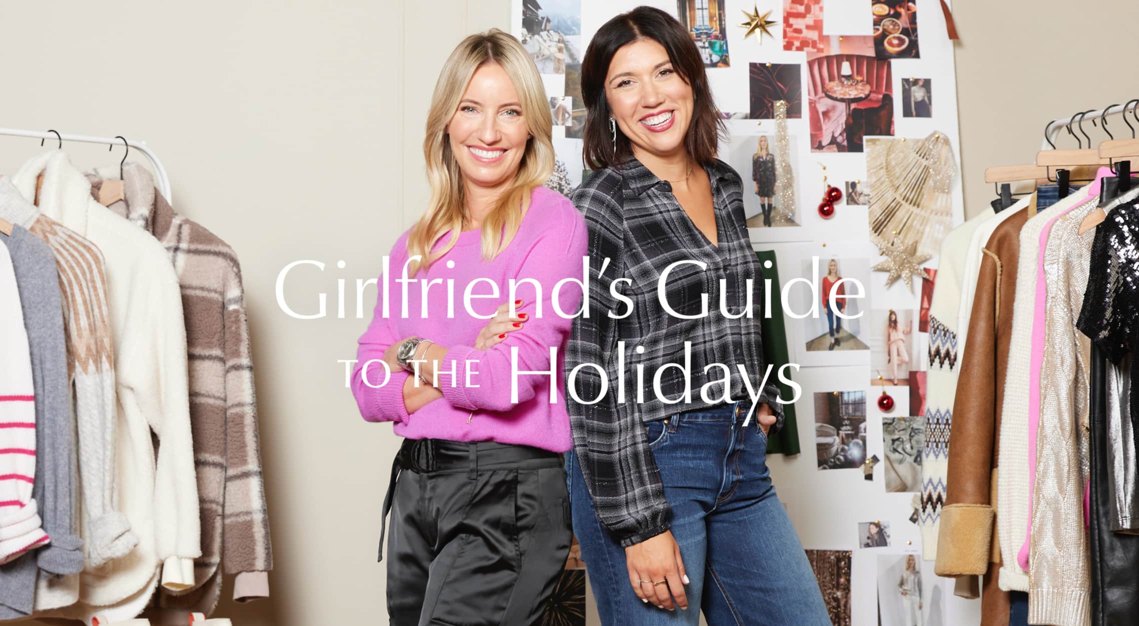 Image of EVEREVE authorities Heidi and Ash posing with racks of holiday apparel and a seasonal moodboard