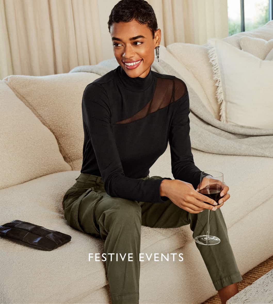 Image of woman dressed in turtleneck and satin pants sitting on a sofa at an event with the copy "Festive Events"