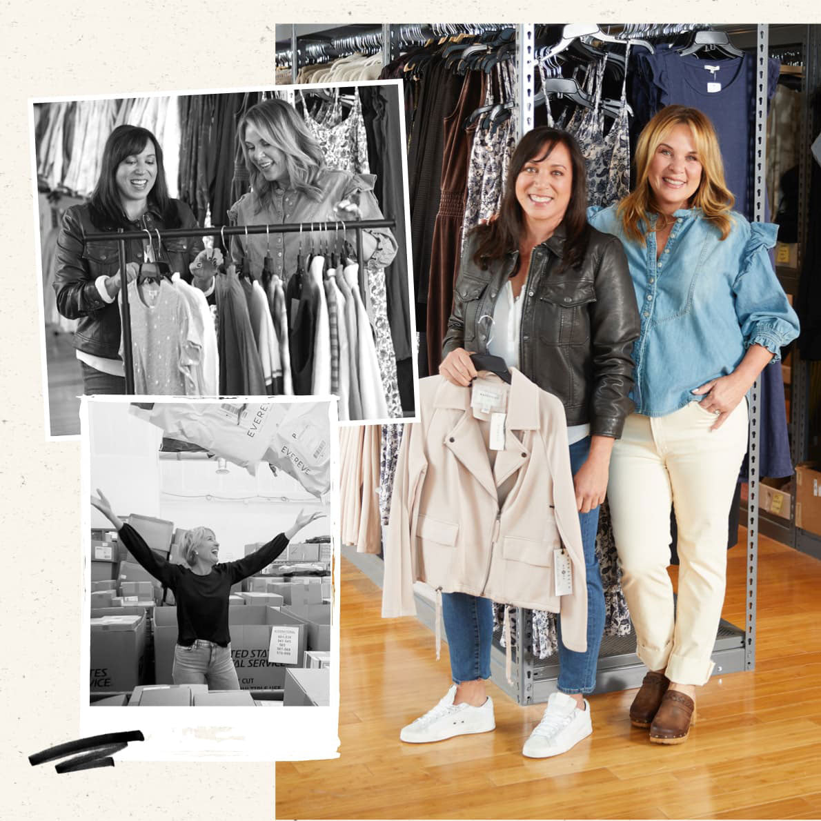 Images of EVEREVE employees with racks of clothing in a store backroom 