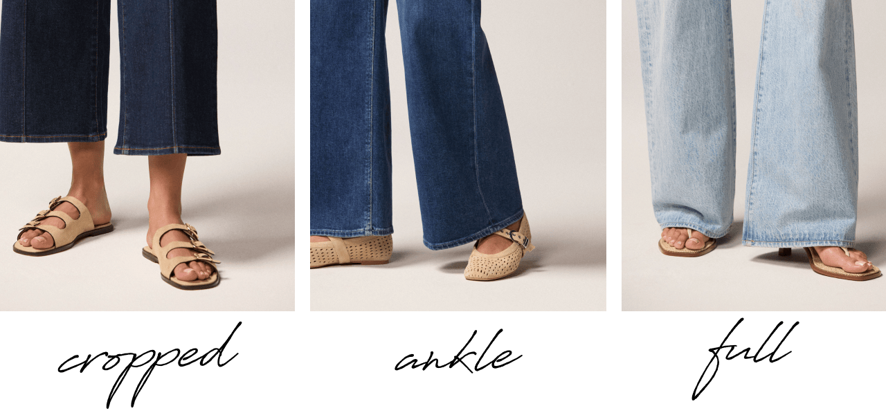 Image of different women wearing cropped, ankle, and full length jeans.