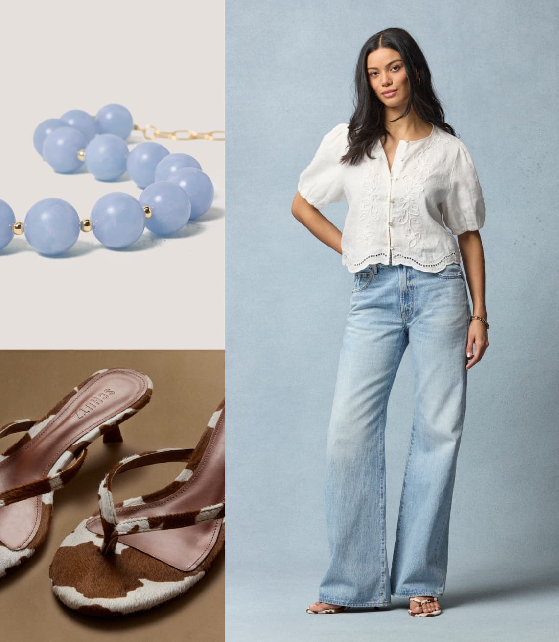Image of woman wearing bootcut jeans with a blue necklace and cow print sandals. 