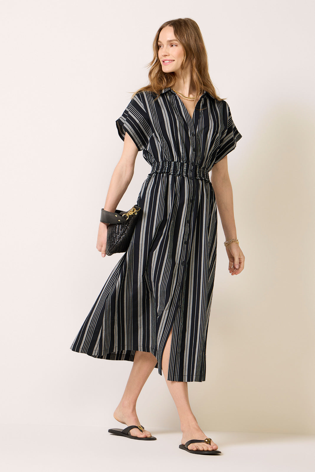Sailor Smocked Waist Midi Shirt Dress