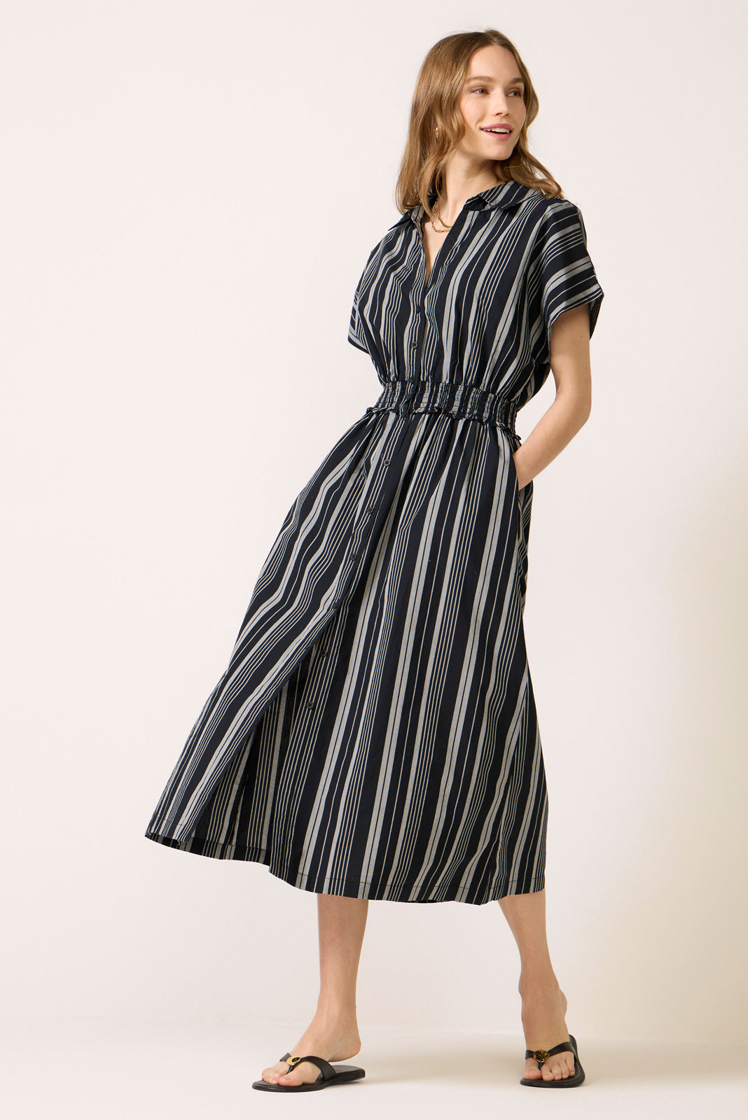 Sailor Smocked Waist Midi Shirt Dress