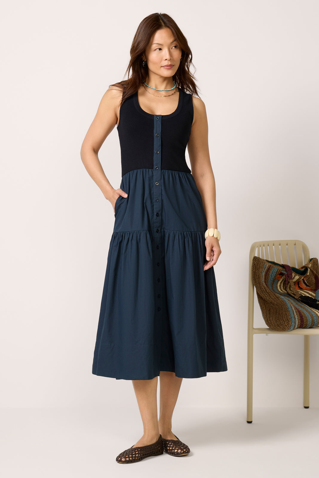 Susannah Scoop Neck Twofer Midi Dress