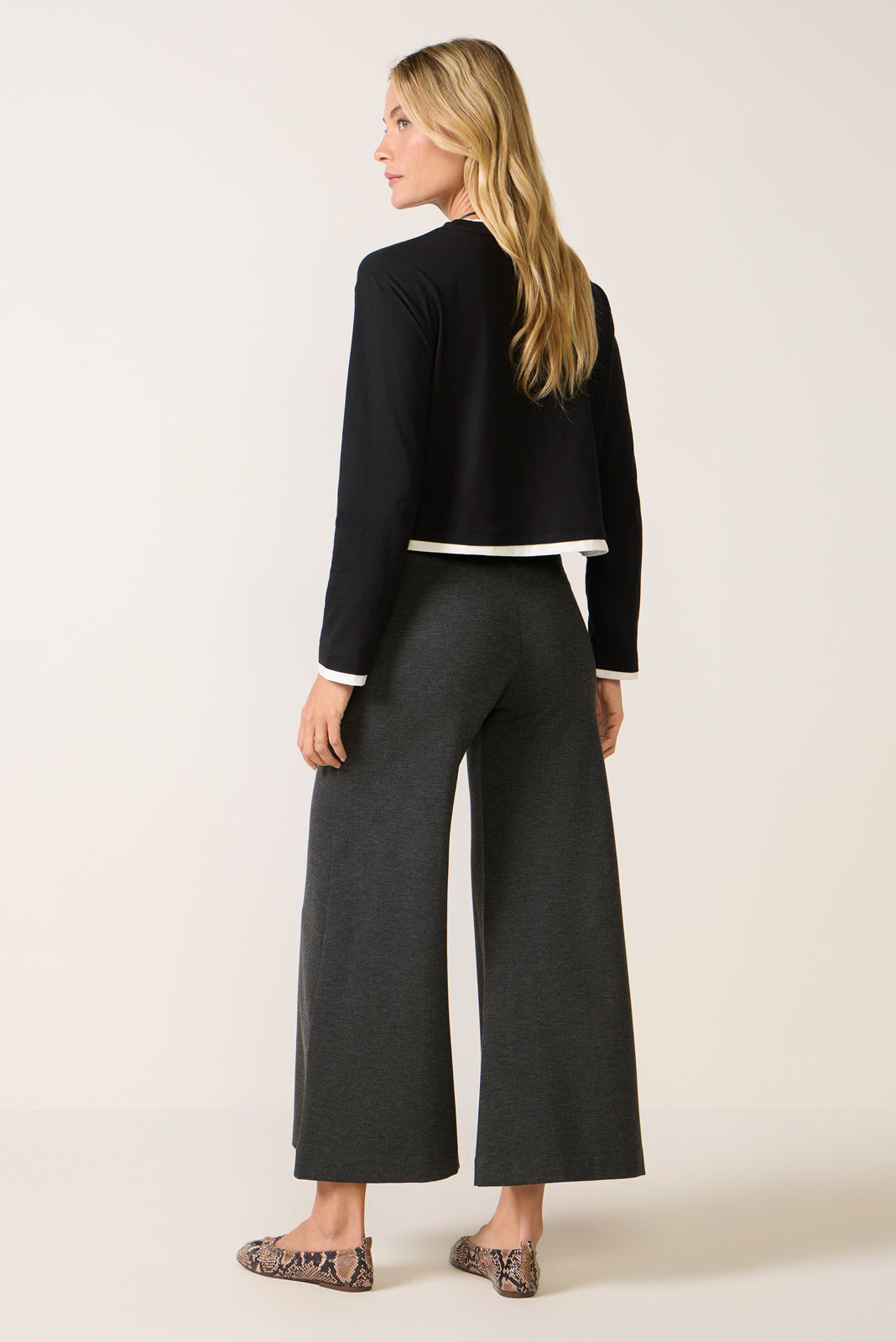 Cropped Ponte Knit Wide Leg Pant