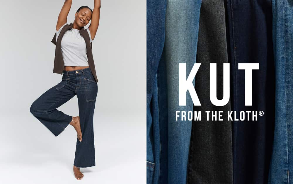 Woman wearing a pair of wide leg jeans next to the KUT from the Kloth brand logo