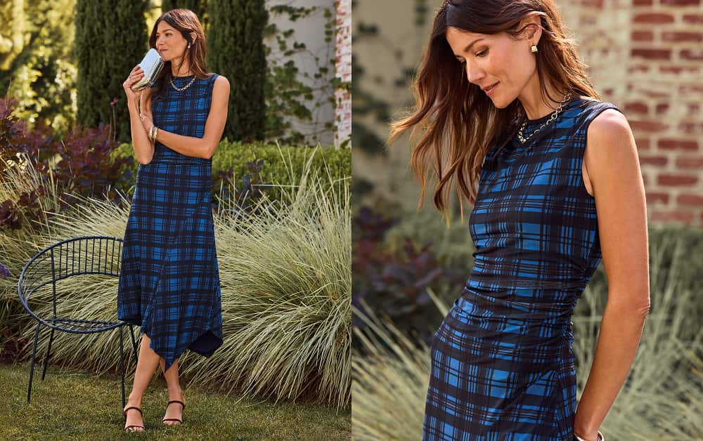 Woman wearing a blue plaid midi dress