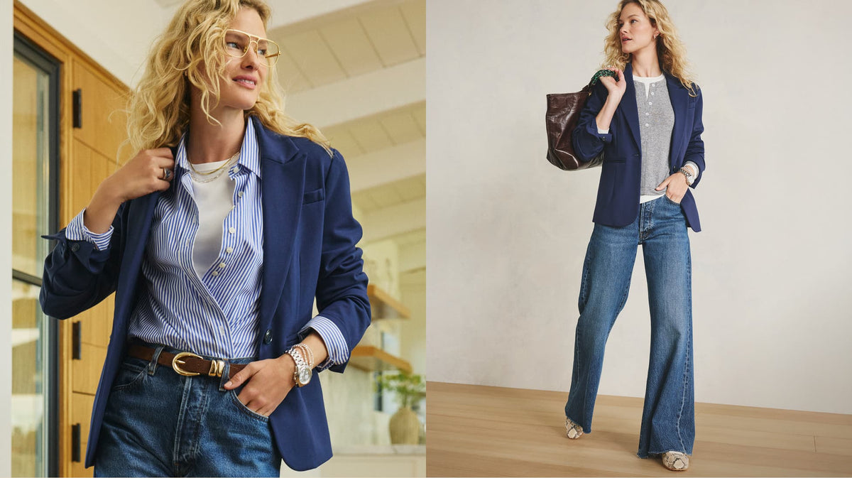 Image of woman wearing navy Dawson blazer over a blue stripe shirt and jeans.