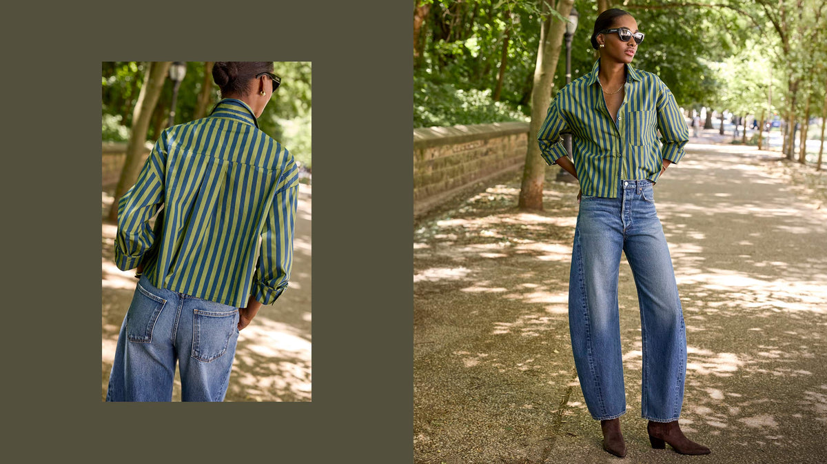 Image of woman wearing striped button down shirt and blue jeans. 