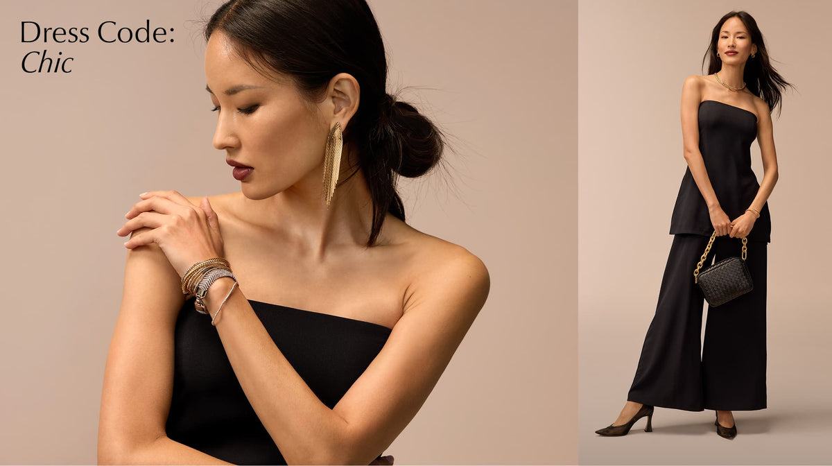 Image of woman wearing a black jumpsuit, text reads: Dress Code Chic.