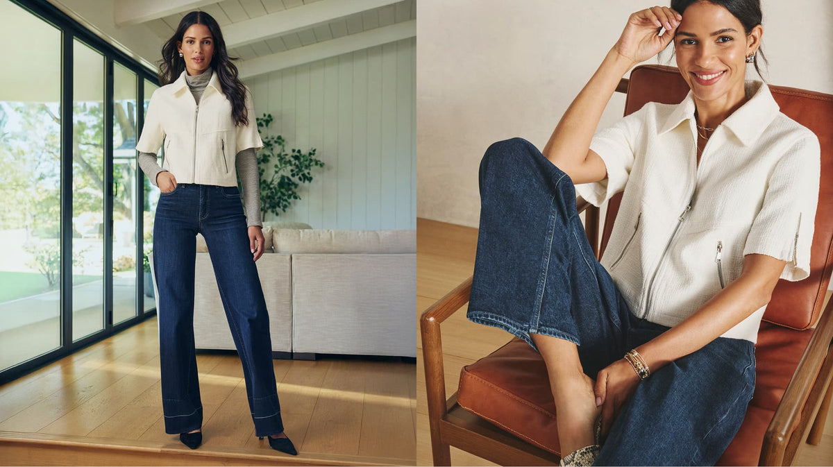 Image of woman wearing an ivory Billie jacket with wide leg dark jeans in two different looks. 