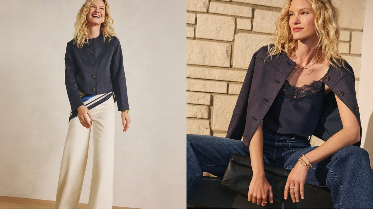 Image of woman wearing a navy Lakyn jacket in two different styles.