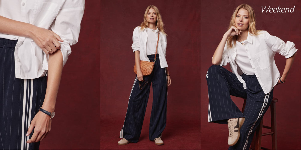 Image of woman wearing Tala Track Pants with white button down and sneakers