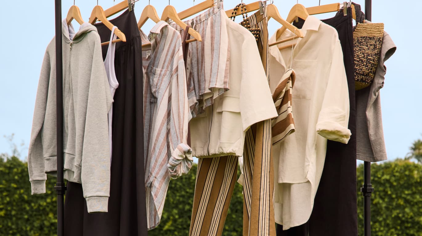 Image of several items of clothing in a mix and match collection from EVEREVE. 