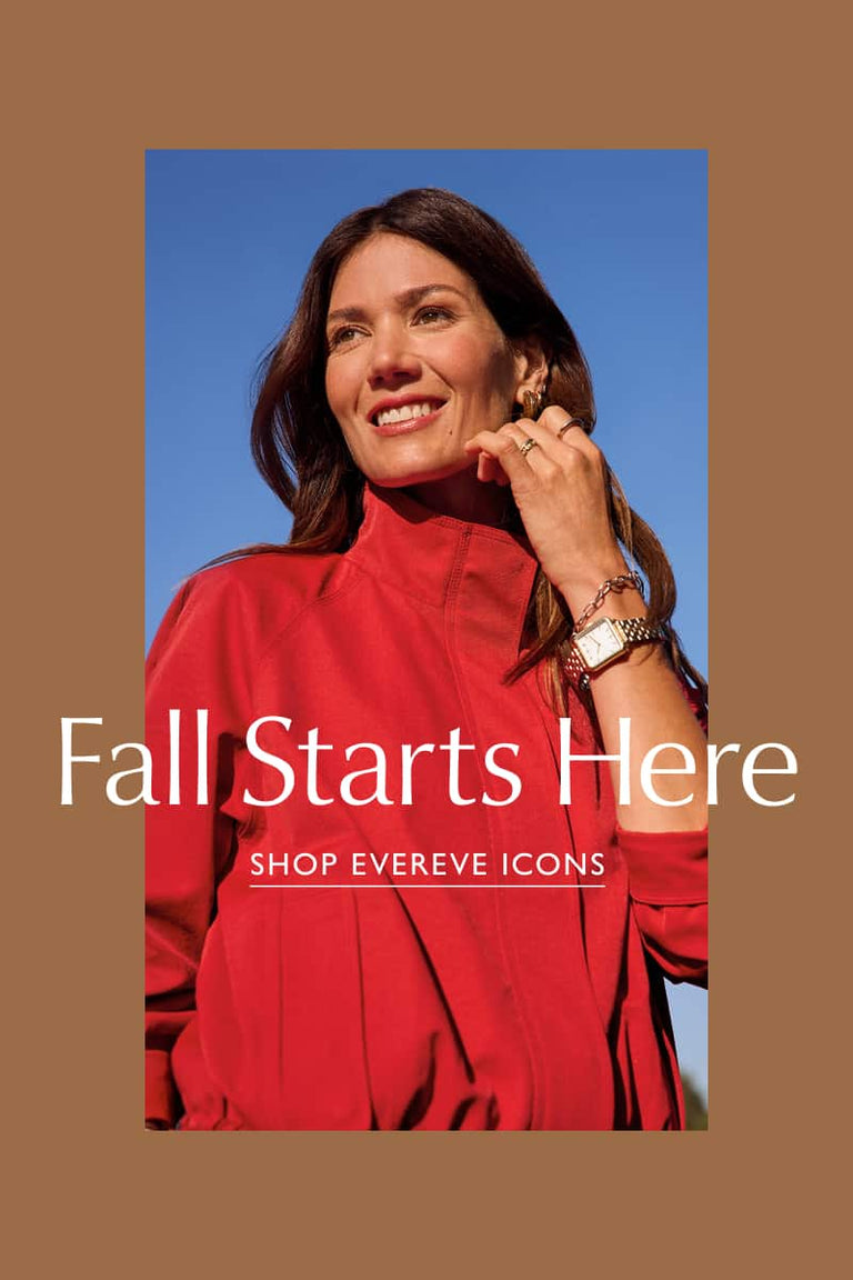 Woman wearing brown track pants and woman wearing red bomber jacket. Fall starts here, Shop Evereve Icons